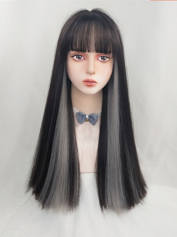 Evahair 2021 New Style Black and Grey Mixed Color Long Straight Synthetic Wig with Bangs