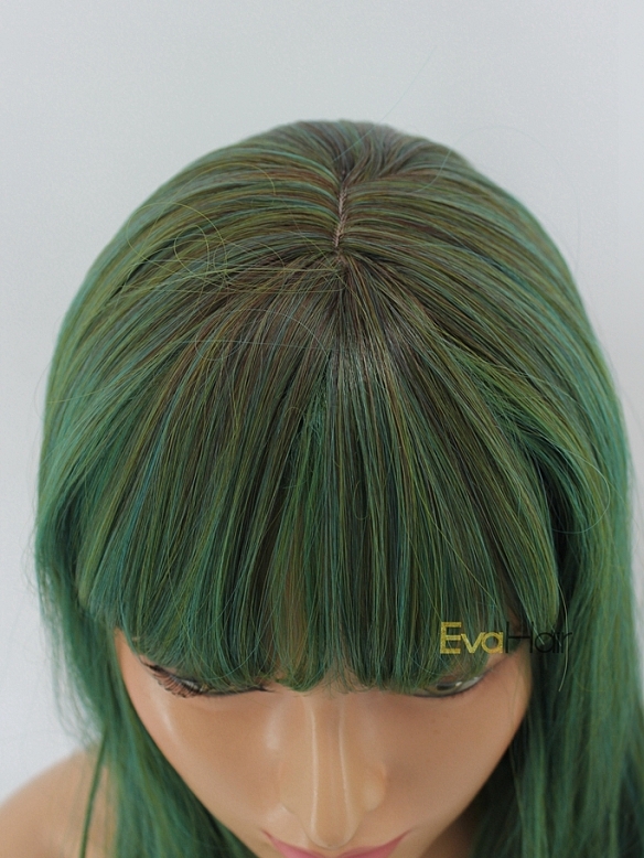 Shoulder Length Shading Green Synthetic Wig
