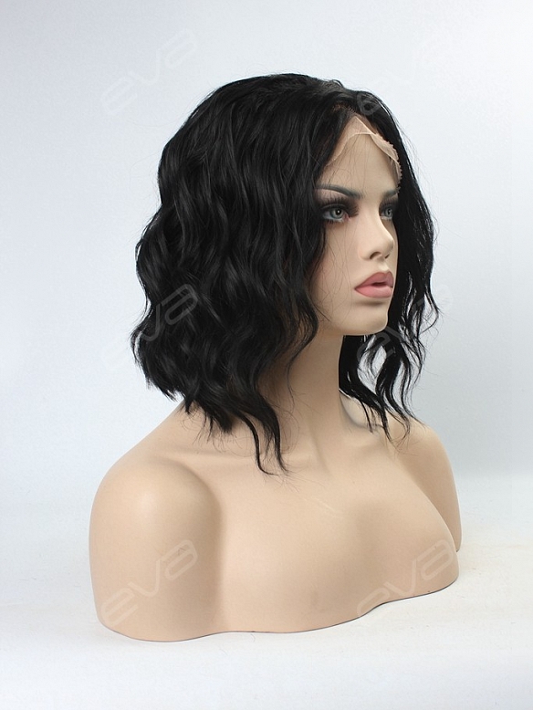 EvaHair Angled Cut Jet Black Wavy Bob Synthetic Lace Front Wig