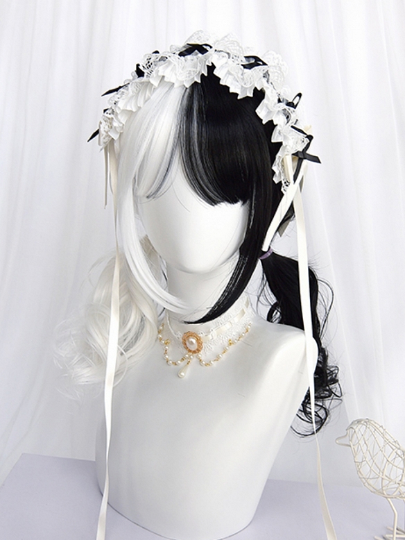 Evahair 2021 New Style Half Black and Half White Medium Wavy Synthetic Wig with Bangs