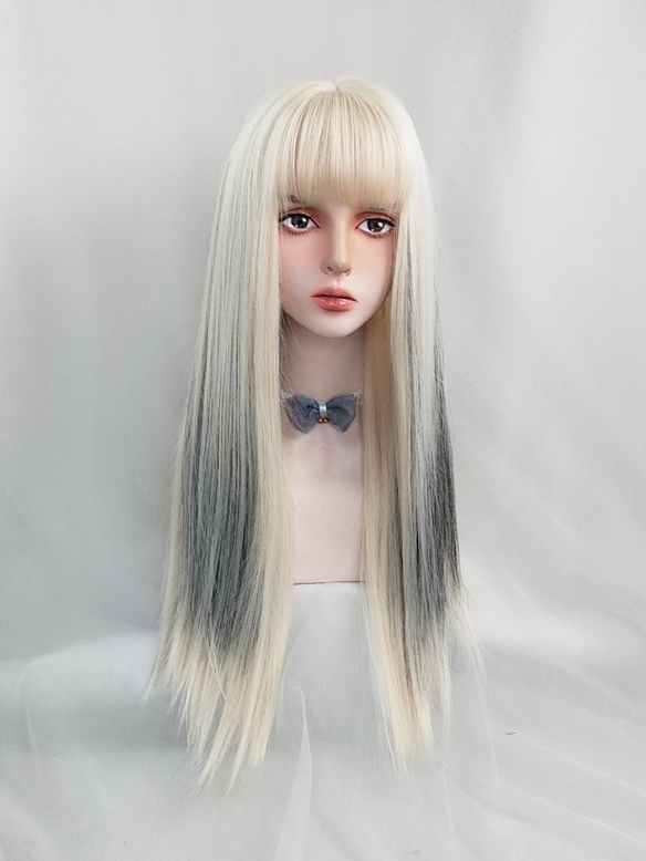 Evahair Cute Black and Blonde Mixed Color Long Straight Synthetic Wig with Bangs