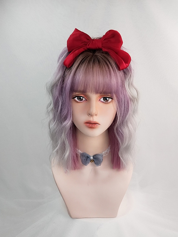 Evahair Purple Ombre Shoulder-Length Wavy Synthetic Wig with Bangs