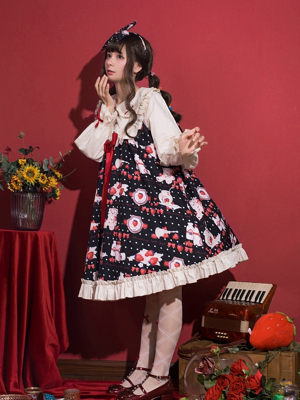 Evahair Fashion Strawberry Printed Black Lolita Dress JSK