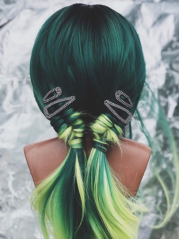 Dark Green to Yellow Ombre Long Straight Synthetic Lace Front Wig