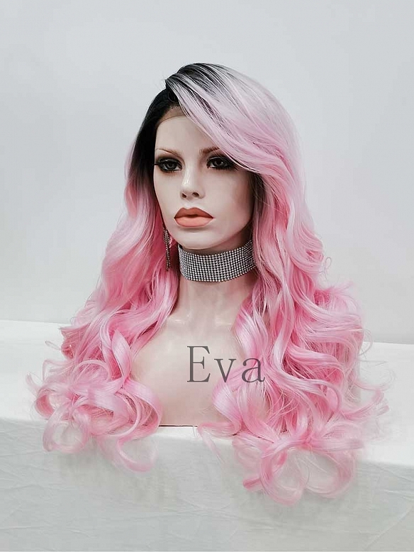 Evahair Pink Long Wavy Synthetic Lace Front Wig With Black Root