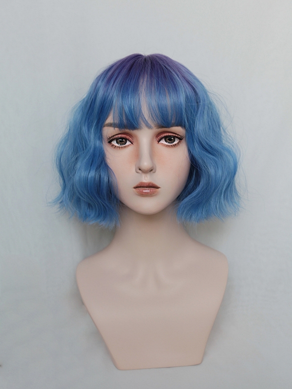Evahair 2021 New Style Blue Bob Short Wavy Synthetic Wig with Bangs and Purple Roots