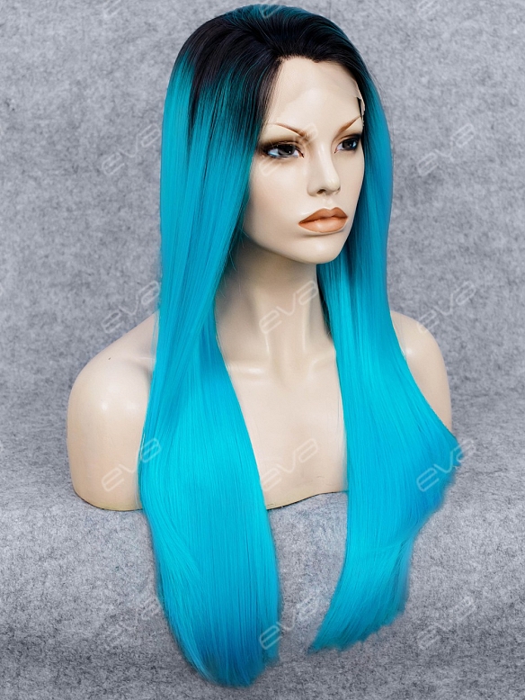 Electrical Blue Long Sleek Straight Synthetic Lace Front Wig with Dark Root