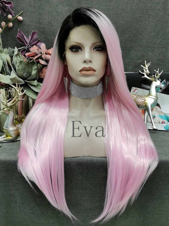 Evahair Pink Long Straight Synthetic Lace Front Wig With Black Root
