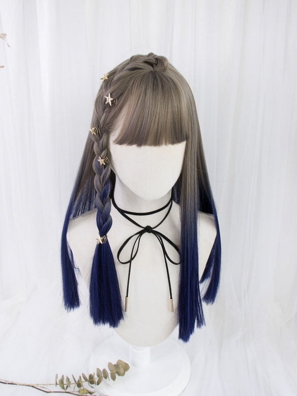 Evahair Grey to Blue Ombre Long Straight Synthetic Wig with Bangs