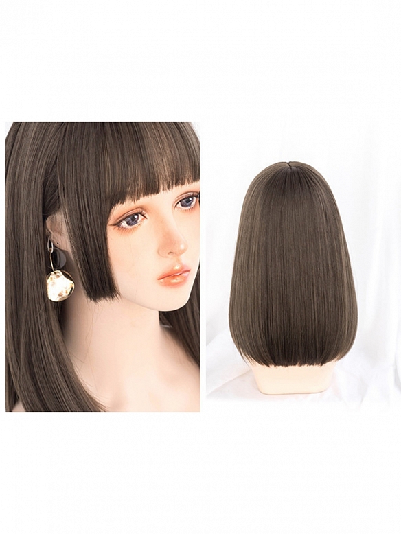 Evahair Brown Medium Length Synthetic Wig with bangs