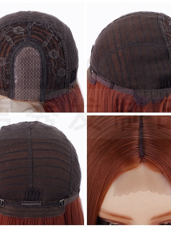 Wine red Long straight hair fiber headgear front lace wig