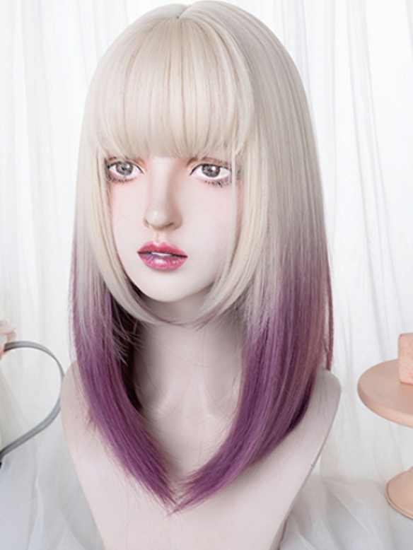 Evahair 2021 New Style Blonde to Purple Ombre Medium Straight Synthetic Wig with Bangs