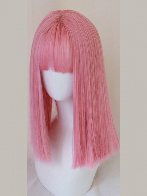 Evahair 2021 New Style Pink Medium Straight Synthetic Wig with Bangs