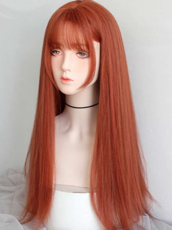 Evahair 2021 New Style Orange Long Straight Synthetic Wig with Bangs