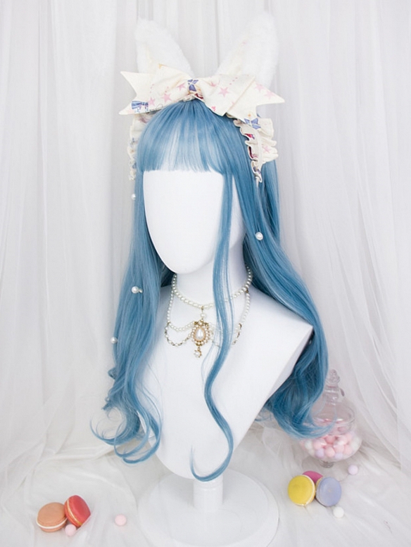 Evahair Haze Blue Long Wavy Synthetic Wig with Bangs