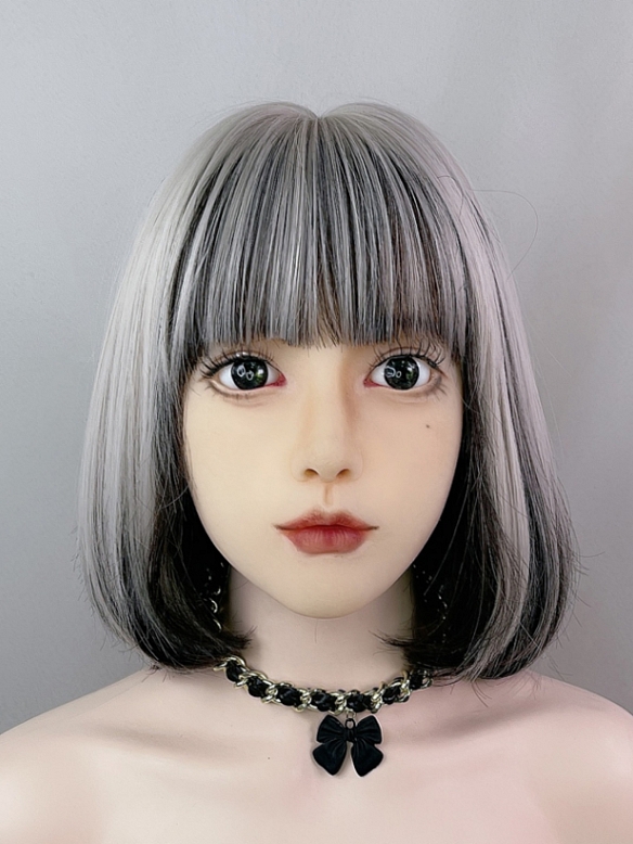 Evahair 2021 New Style Silvery White and Black Mixed Color Shoulder Length Straight Synthetic Wig with Bangs