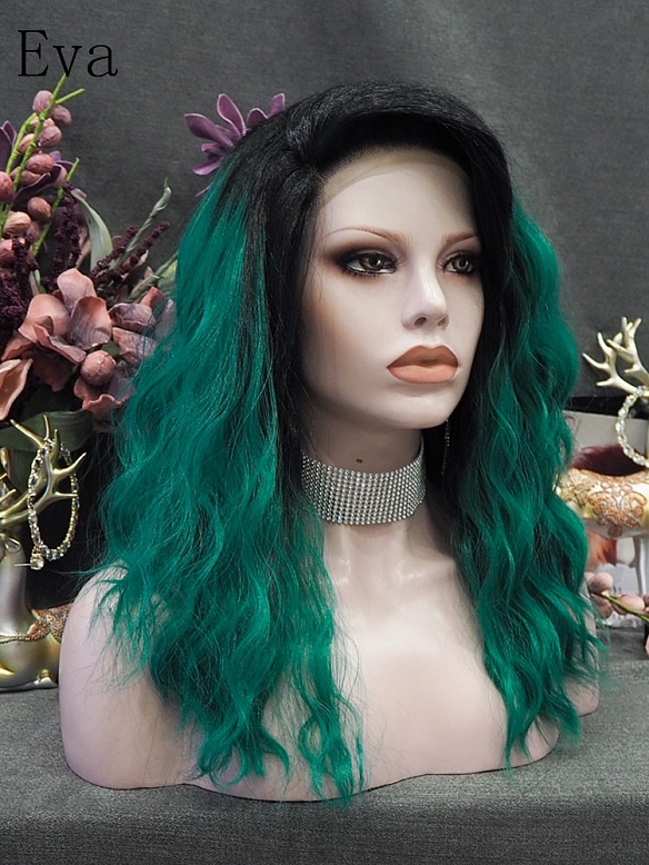 Evahair Black to Bright Green Medium length Wavy Synthetic Lace Front wig
