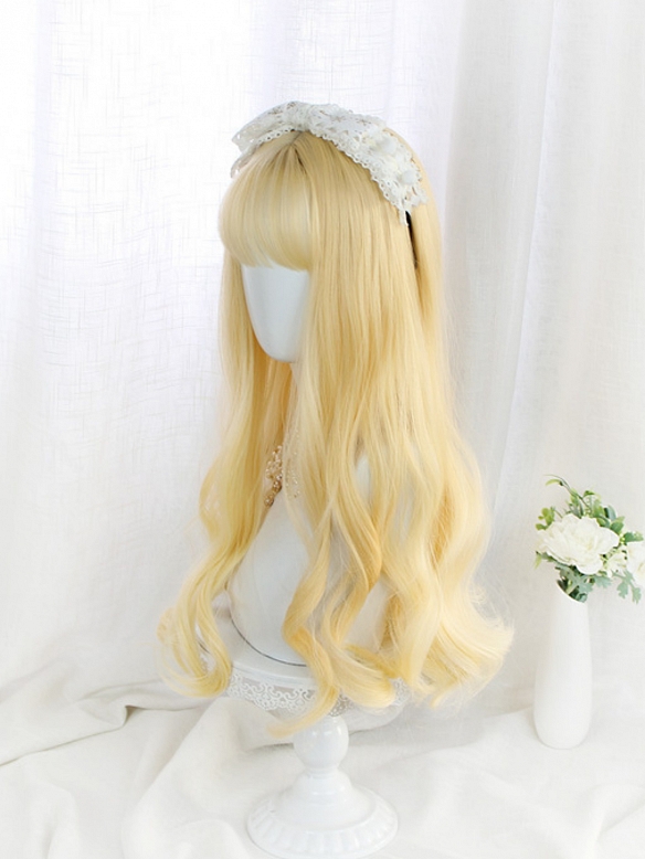 Evahair 2021 New Style Creamy Golden Long Wavy Synthetic Wig with Bangs