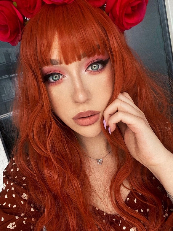 Evahair Orange Long Wavy Synthetic Wig with Bangs