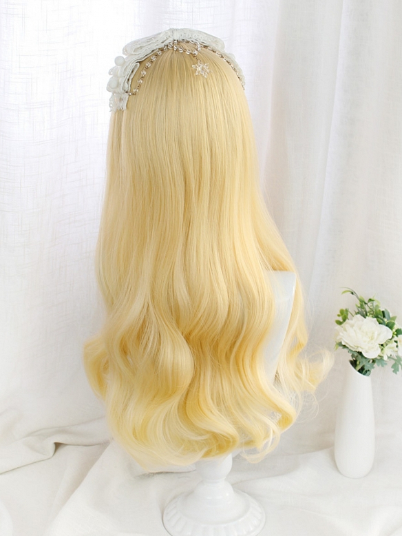 Evahair 2021 New Style Creamy Golden Long Wavy Synthetic Wig with Bangs