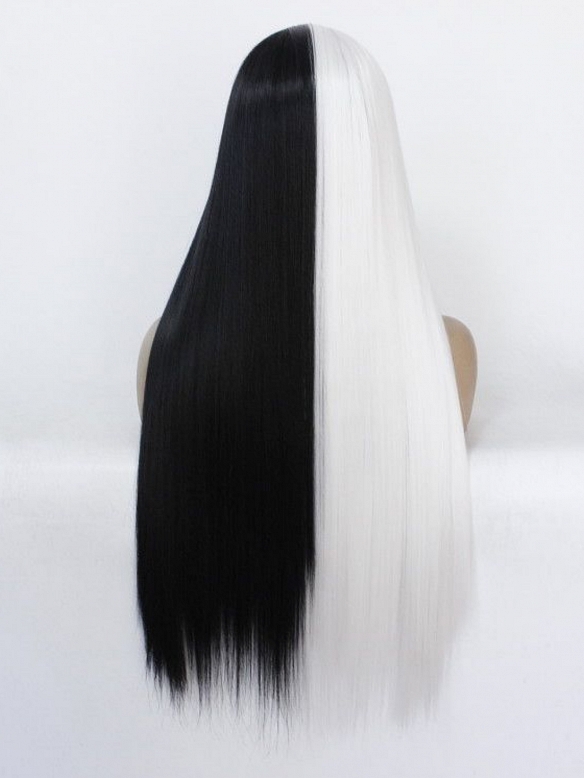 Evahair 2021 New Style Half Black and Half White Long Straight Synthetic Lace Front Wig