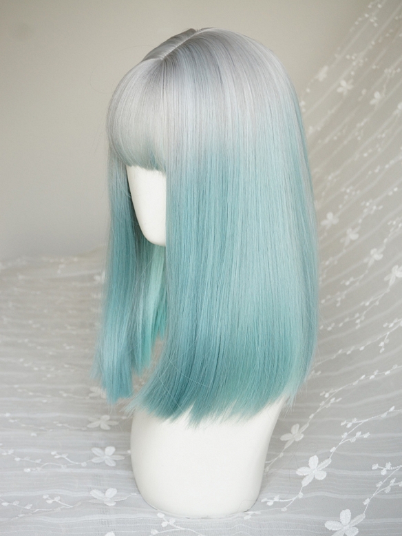 Evahair Silver to Bluish-Green Ombre Medium Straight Synthetic Wig with Bangs