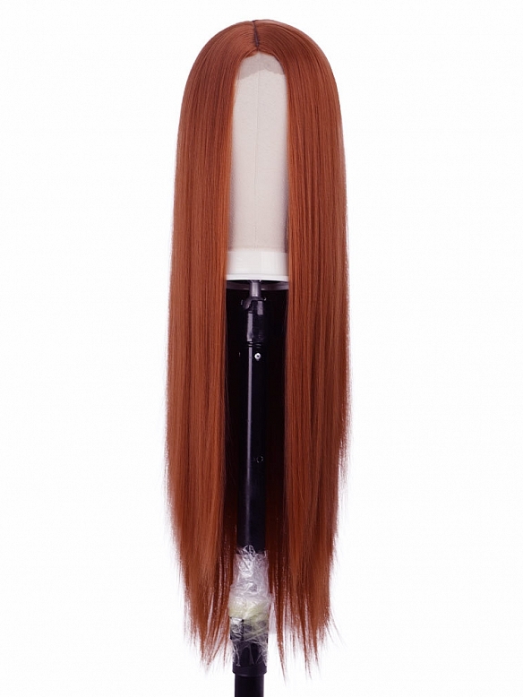 Wine red Long straight hair fiber headgear front lace wig