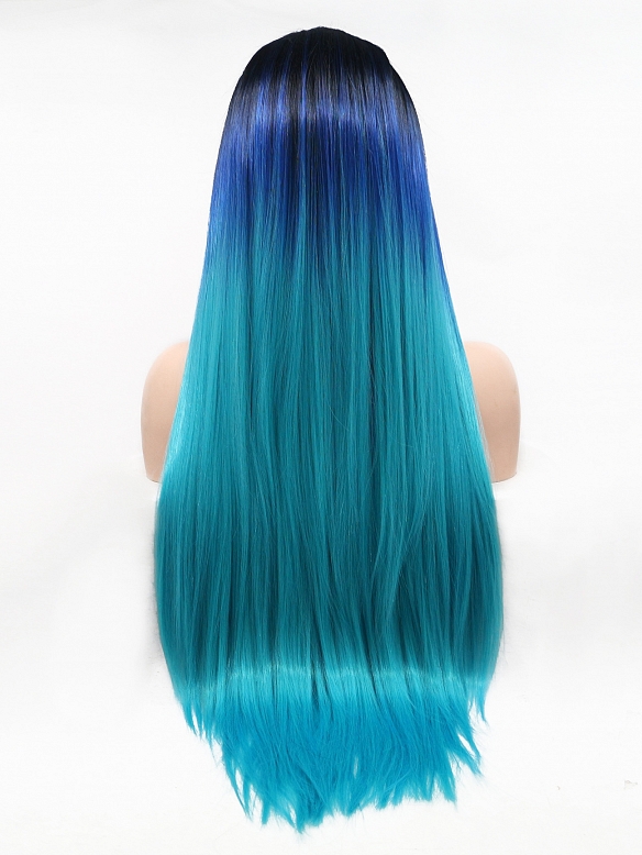 European and American style front lace long hair black and blue gradient wig