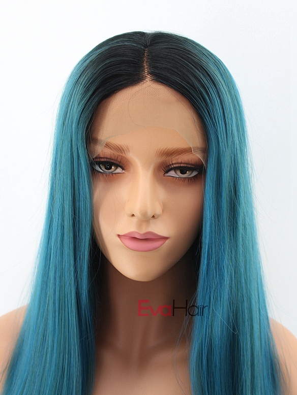 Sea Blue Mixed Color with Black Root Long Straight Synthetic Lace Front Wig 