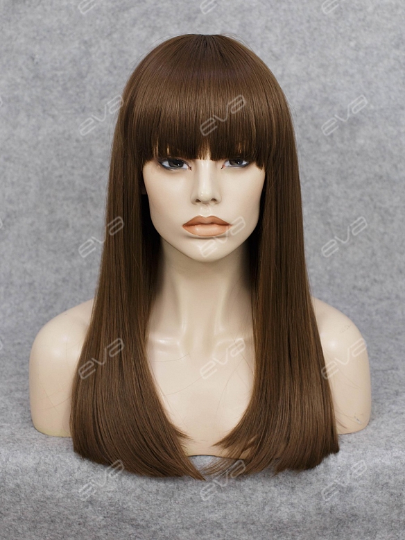 Beautiful Wefted Cap Dark Brown Long Straight Synthetic Wig with Bangs