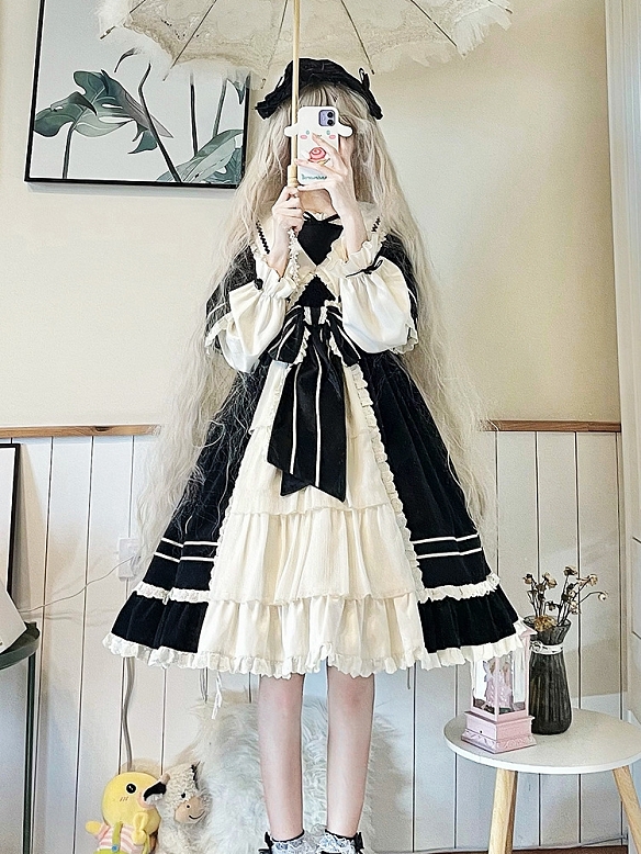 Evahair vintage style long sleeve black lolita dress 