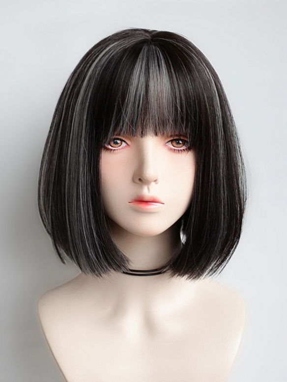 Evahair 2021 New Style Black and Silver Short Straight Synthetic Wig with Bangs