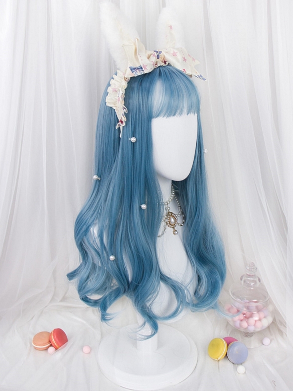 Evahair Haze Blue Long Wavy Synthetic Wig with Bangs