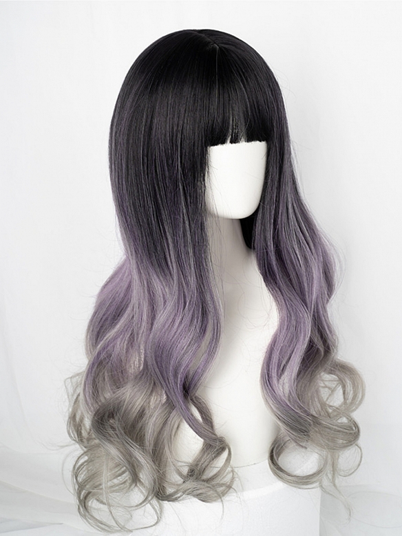 Evahair Cute Purple to Grey Ombre Color Long Wavy Synthetic Wig with Bangs and Black Roots