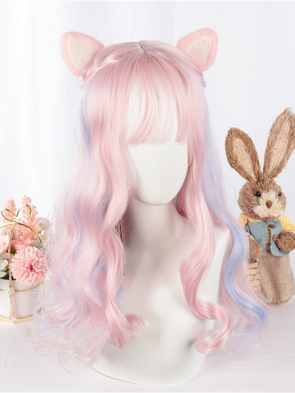 Evahair Pink Mixed Color Long Wavy Synthetic Wig with Bangs