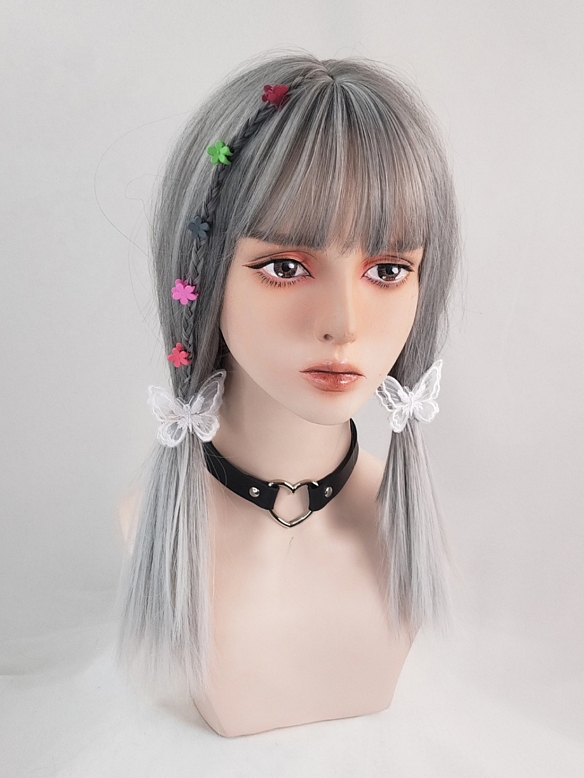 Evahair Grey Ombre Medium Length Straight Synthetic Wig with Bangs