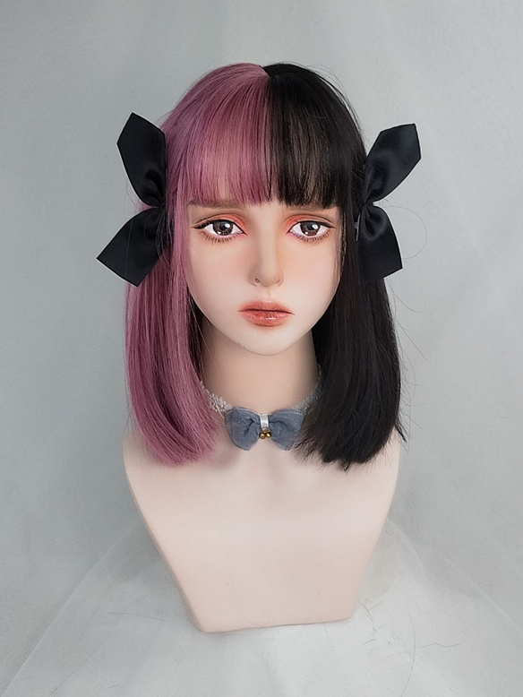 Evahair Half Black and Half Pinkish-Purple Medium Straight Synthetic Wig with Bangs.