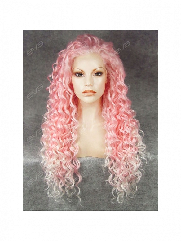 White Dip-dyed Pink Color Long Curly Synthetic Lace Front Wig
