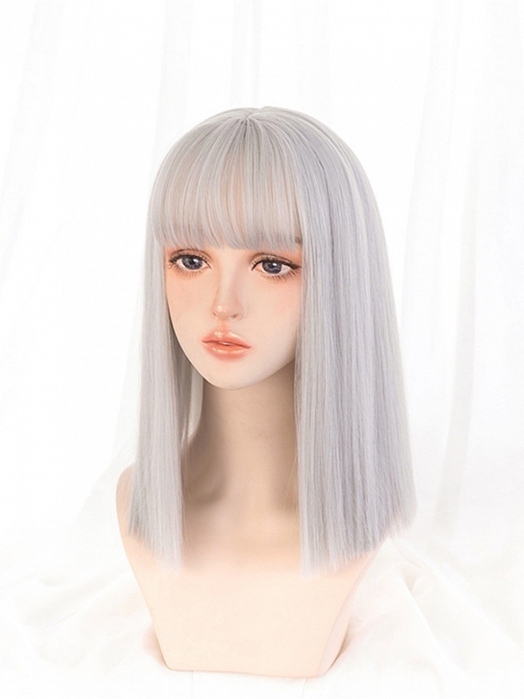 Evahair Silver Medium Length Straight Synthetic Wig with Bangs