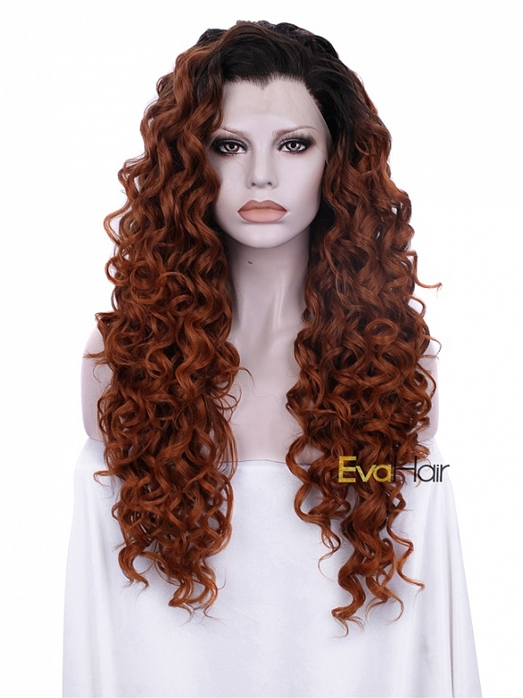 Sexy Curly Brown Heat Friendly Synthetic Hair Wig with Glueless Lace Front Cap
