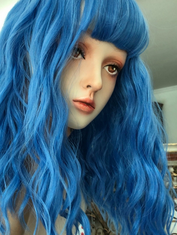 Evahair 2021 New Style Ocean Blue Medium Wavy Synthetic Wig with Bangs