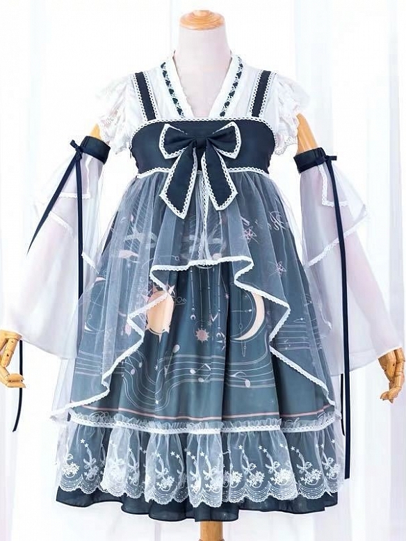 Evahair moon and musical note printed blue lolita dress