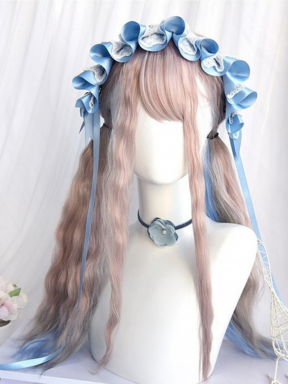 Evahair 2021 New Style Grayish Pink and Blue Mixed Color Long Wavy Synthetic Wig with Bangs