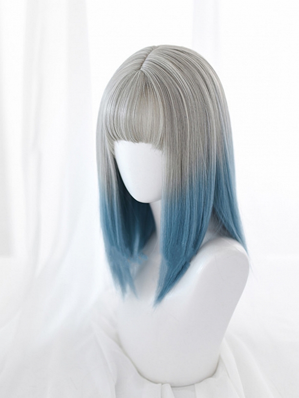Evahair Grey to Blue Ombre Medium Length Straight Synthetic Wig with Bangs
