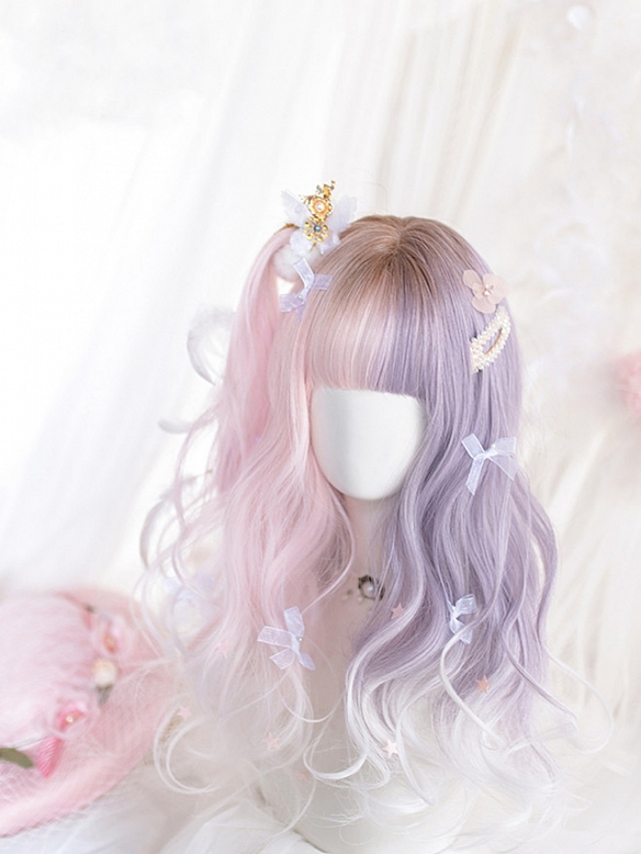 Evahair Cute Half Pink and Half Purple Medium Wavy Synthetic Wig with Bangs
