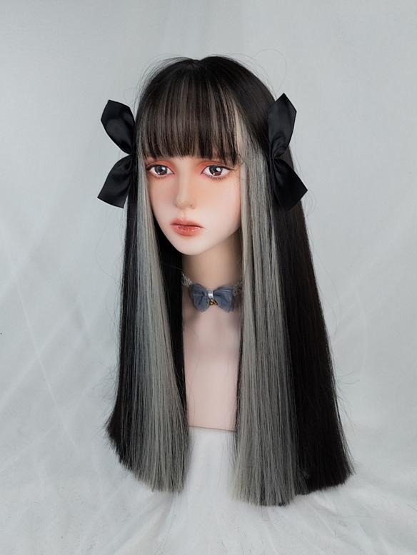 Evahair Black and Grey Mixed Color Long Straight Synthetic Wig with Bangs