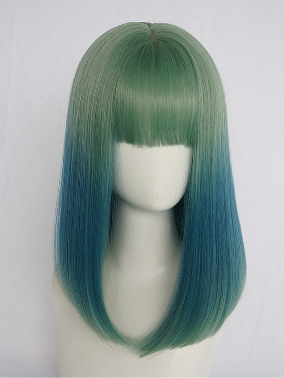 Evahair Blue and Green Mixed Color Medium Length Straight Synthetic Wig with Bangs