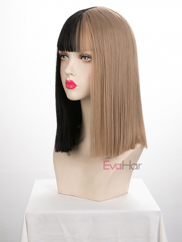 Evahair Half Black and Half Blonde Wefted Cap Straight Synthetic Wig with Bangs 