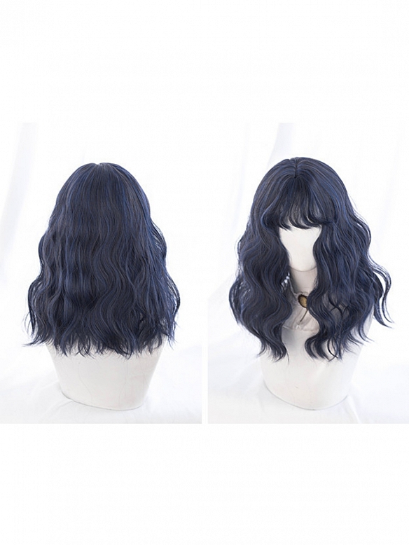 Evahair Dark Blue Medium Length Wavy Synthetic Wig with Bangs