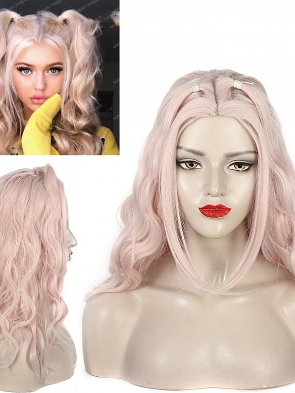 Fashion Lolita Pink centre parting long curly comic style wig